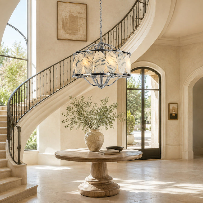 Chrome Oval Marble Cage Chandelier 23.6" installed near an indoor staircase