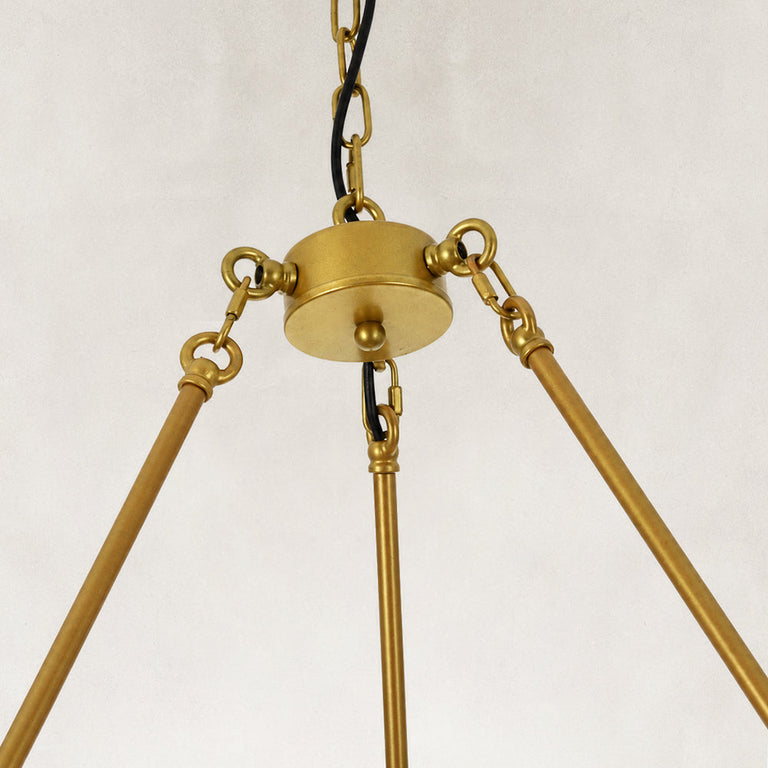 Candle ring chandelier, suspension hub and open support rods viewed from below.