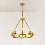 Gold-tone candle ring chandelier viewed from below at an angle.