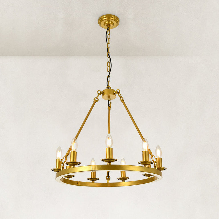 Gold-tone candle ring chandelier viewed from below at an angle.