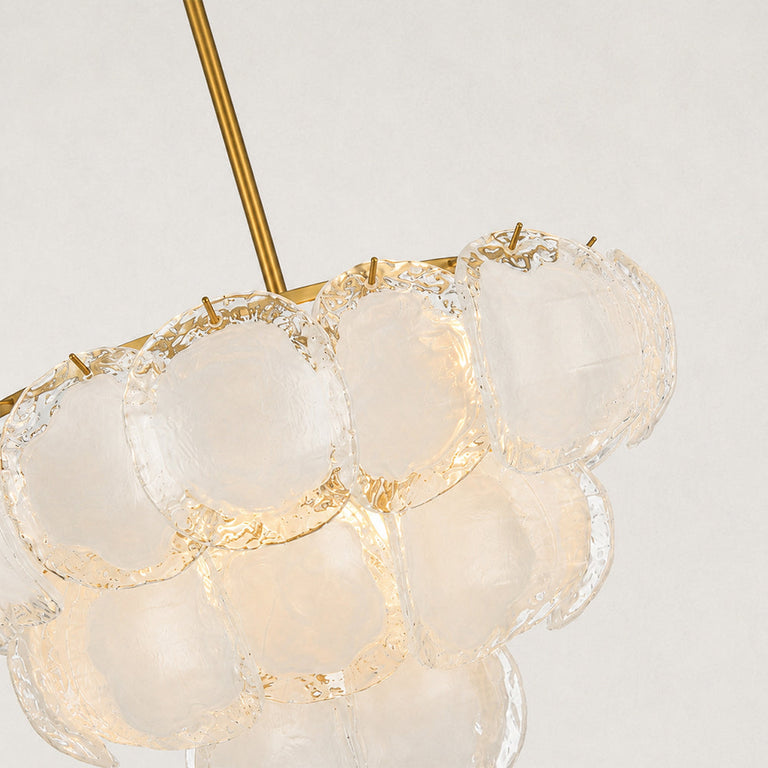 Illuminated petal glass chandelier, upper glass panels and rod close view.