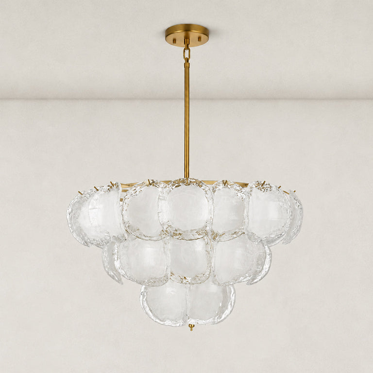 Three-tier petal glass chandelier, unlit complete product view.