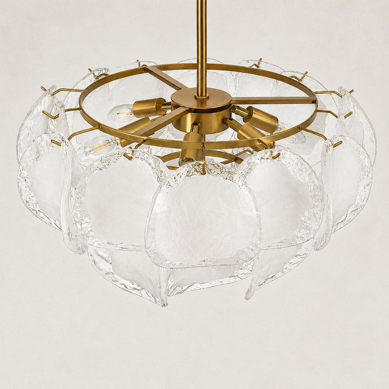 Two-tier petal glass chandelier, open gold-tone frame viewed from above.