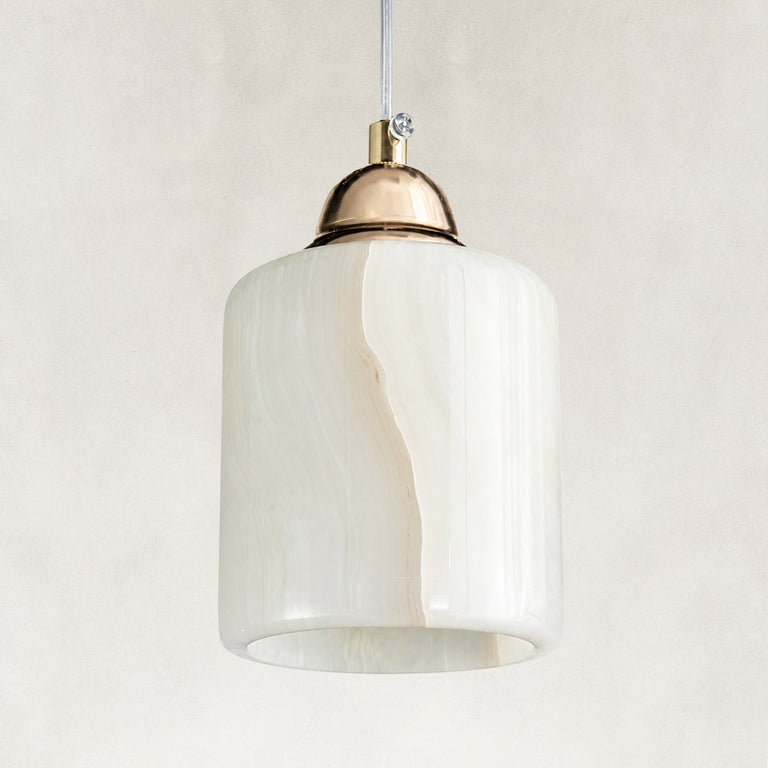 Cloud Onyx Cylinder Pendant shown unlit from two complete fixture angles