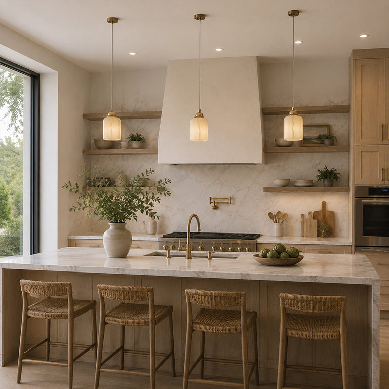 Cloud Onyx Cylinder Pendant illuminated above a kitchen island