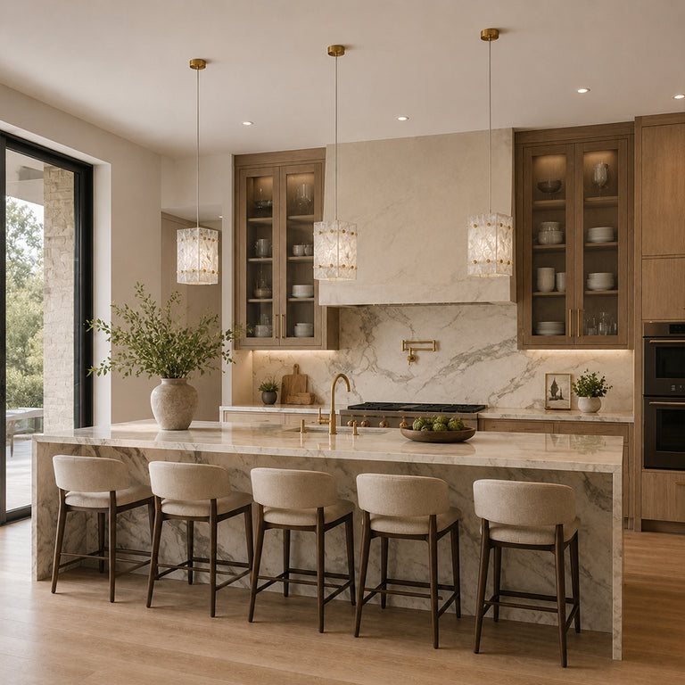 Cloud White Twelve-Panel Marble Lantern Pendant installed above a kitchen island