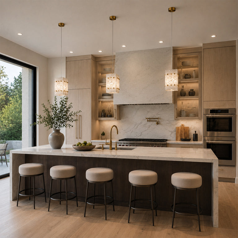 Cloud White Twelve-Panel Marble Lantern Pendant installed above a kitchen island