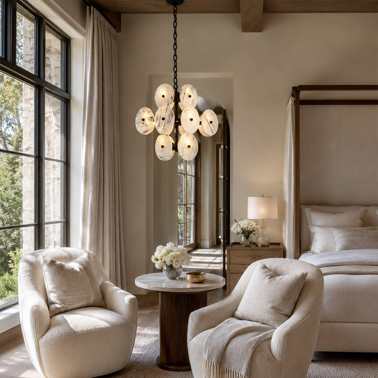Clustered White Marble Disc Chandelier 23.6" displayed in a furnished interior