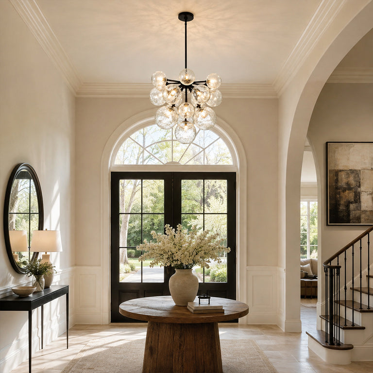 Nineteen-Light Glass Globe Chandelier 24" black room scene