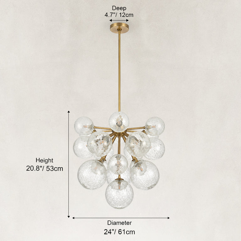 Nineteen-Light Glass Globe Chandelier 24" brass-tone fixture dimensions