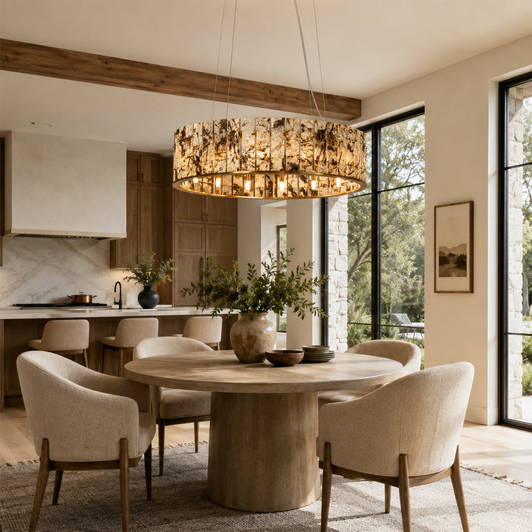 Cream Veined Panel Drum Chandelier 31.5" installed above a dining table