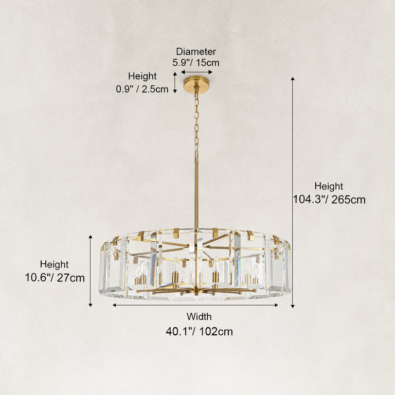 40-inch crystal-bar drum chandelier dimension drawing with brass-tone hardware.