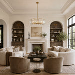 Brass crystal-bar drum chandelier in a fireplace living room.