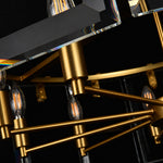 Brass-tone vertical frame and ring connection beside clear crystal bars.