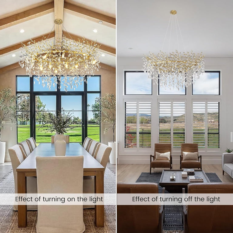 Crystal branch chandelier in illuminated and unlit room settings.
