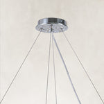 Silver-tone round chandelier canopy and suspension-wire detail.
