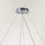 Silver-tone chandelier canopy and suspension cable detail.