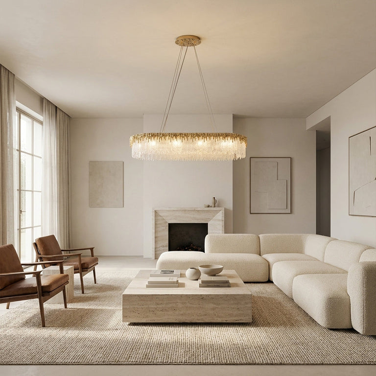 Gold-tone crystal-glass chandelier in a living-room setting.