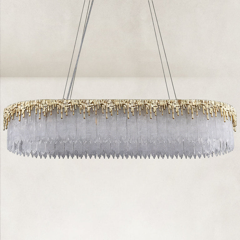 Unlit gold-tone chandelier with textured clear panels.