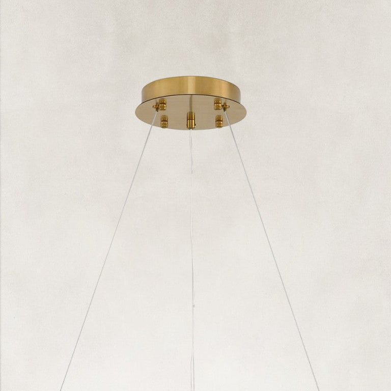 Brass-tone round canopy and suspension-wire detail.