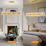 Oval chandelier in living-room and bedroom settings.