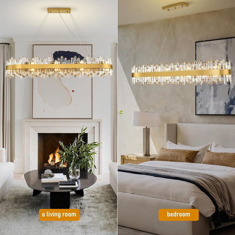 Oval chandelier in living-room and bedroom settings.