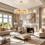 Round crystal chandelier in a living-room setting.