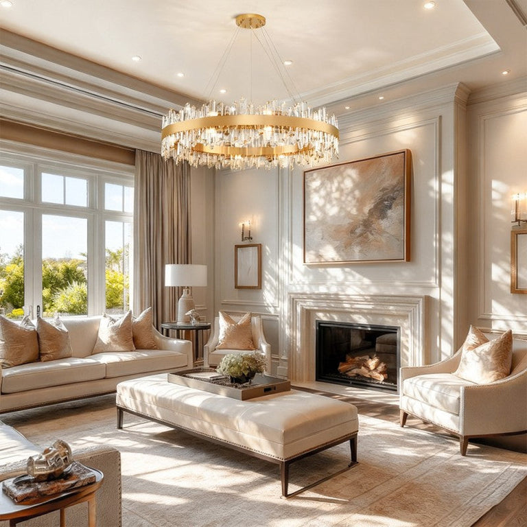 Round crystal chandelier in a living-room setting.