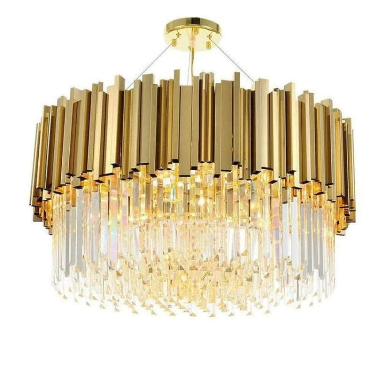 Gold-tone crystal drum chandelier with hanging rods against a white background.