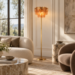 Amber crystal floor lamp shown in a furnished interior