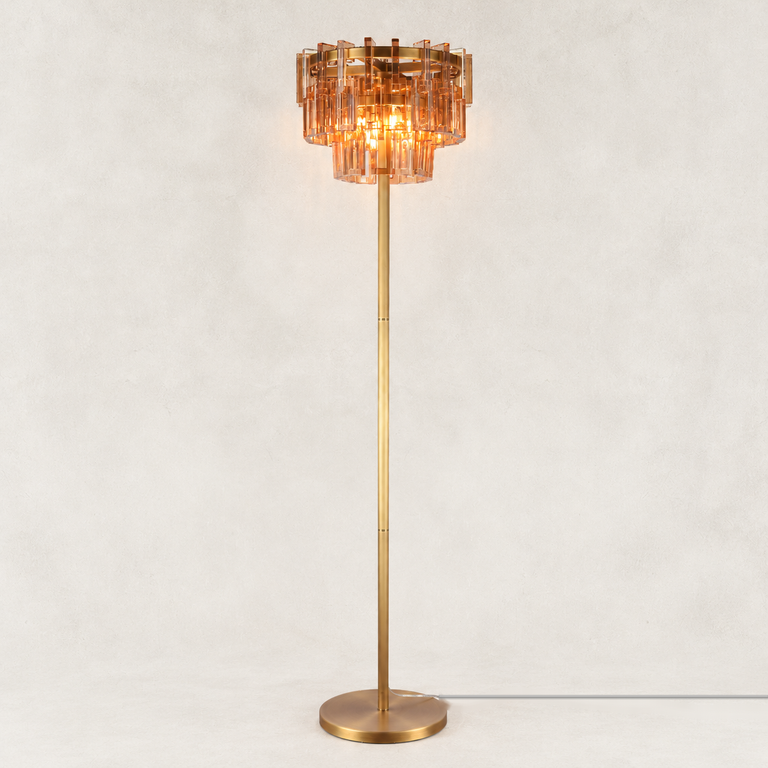 Amber crystal floor lamp with Brass-finish hardware, shown as a complete fixture