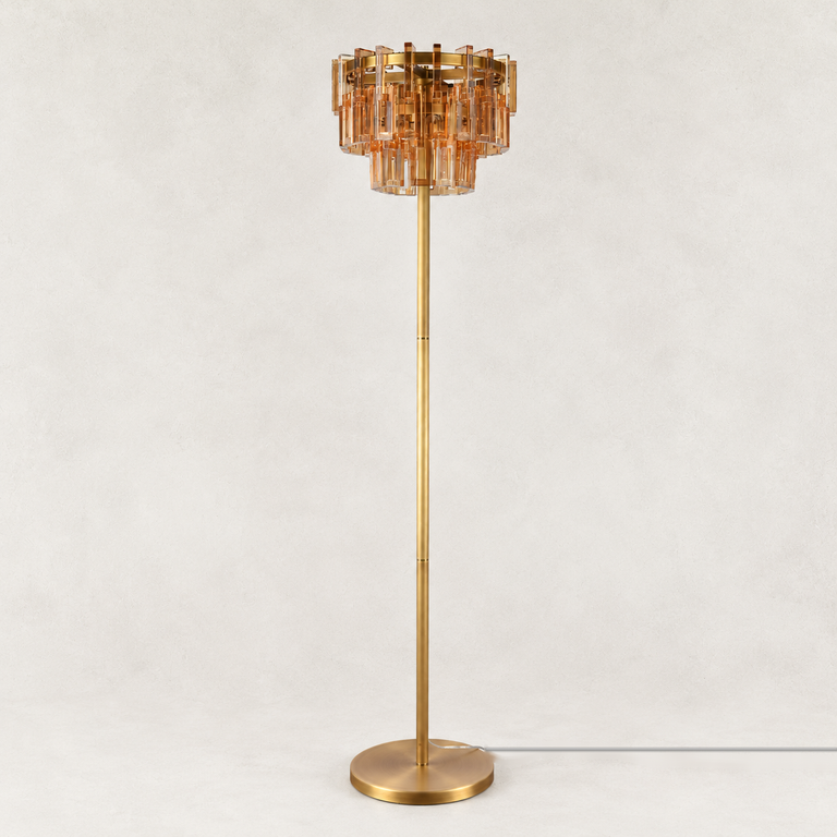 Amber crystal floor lamp with Brass-finish hardware, shown as a complete fixture