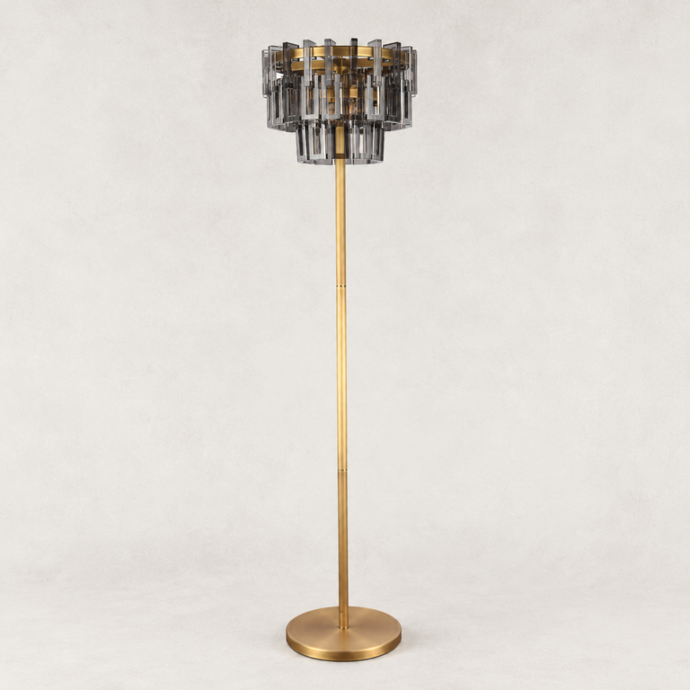 Smoke crystal floor lamp with Brass-finish hardware, shown as a complete fixture