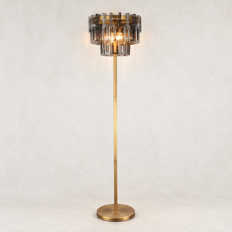 Smoke crystal floor lamp with Brass-finish hardware, shown as a complete fixture