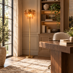 Amber crystal floor lamp shown in a furnished interior