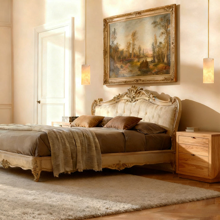 Cylindrical stone pendants beside a bed.