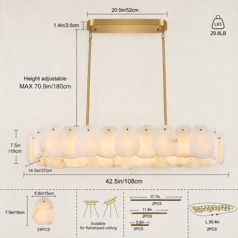 Dimension diagram for the alabaster petal oval chandelier and its suspension components