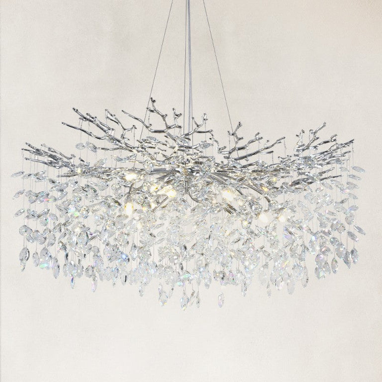 Crystal Branch Round Chandelier, 40 in — Silver finish, complete fixture