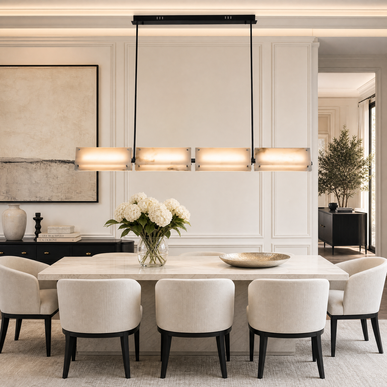 Harmon Modern Alabaster Linear Chandelier by Dalmivik, product or room detail view