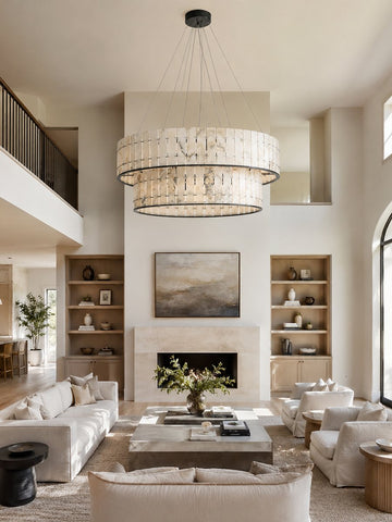 High ceiling marble chandelier in a refined residential interior