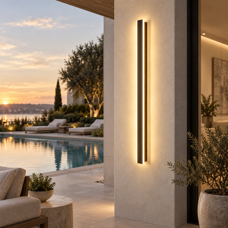 Complete slim linear outdoor wall fixture in entrance or patio setting