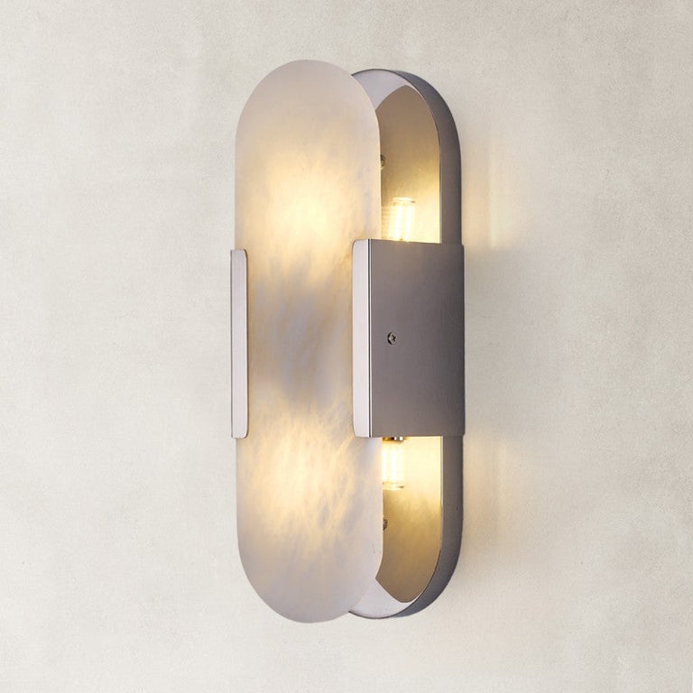 Polished Nickel finish oval alabaster wall sconce, complete fixture