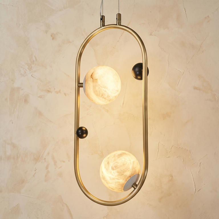 Oval Frame Duo Alabaster Pendant Light by Dalmivik, complete fixture view