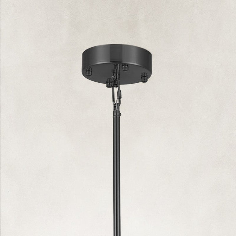 Black ring chandelier, ceiling canopy, chain and rod close view.