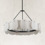 Black ring chandelier with white curved panels, unlit product view.