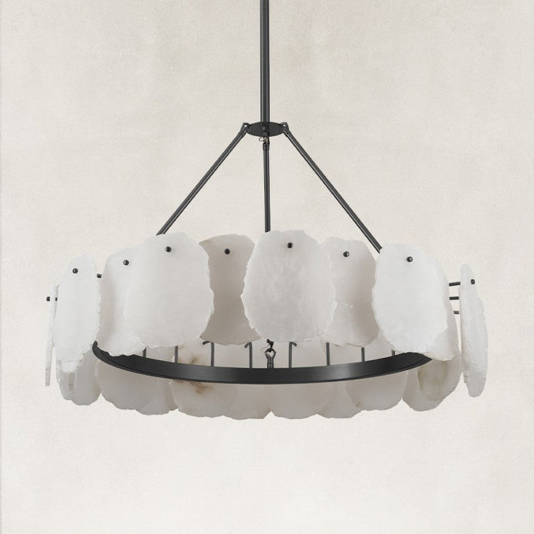 Black ring chandelier with white curved panels, unlit product view.