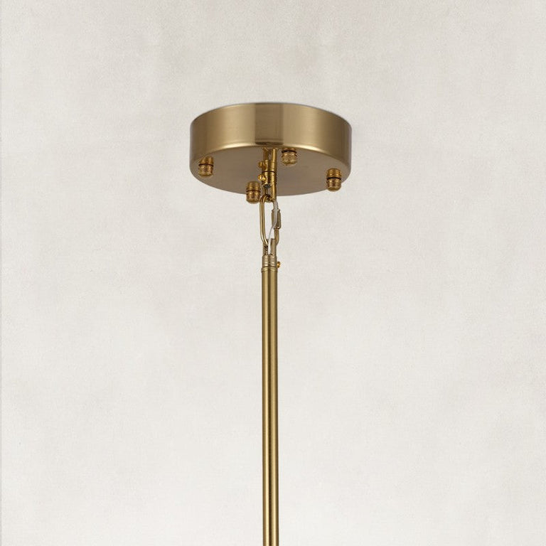 Gold-tone ring chandelier, ceiling canopy, chain and rod close view.