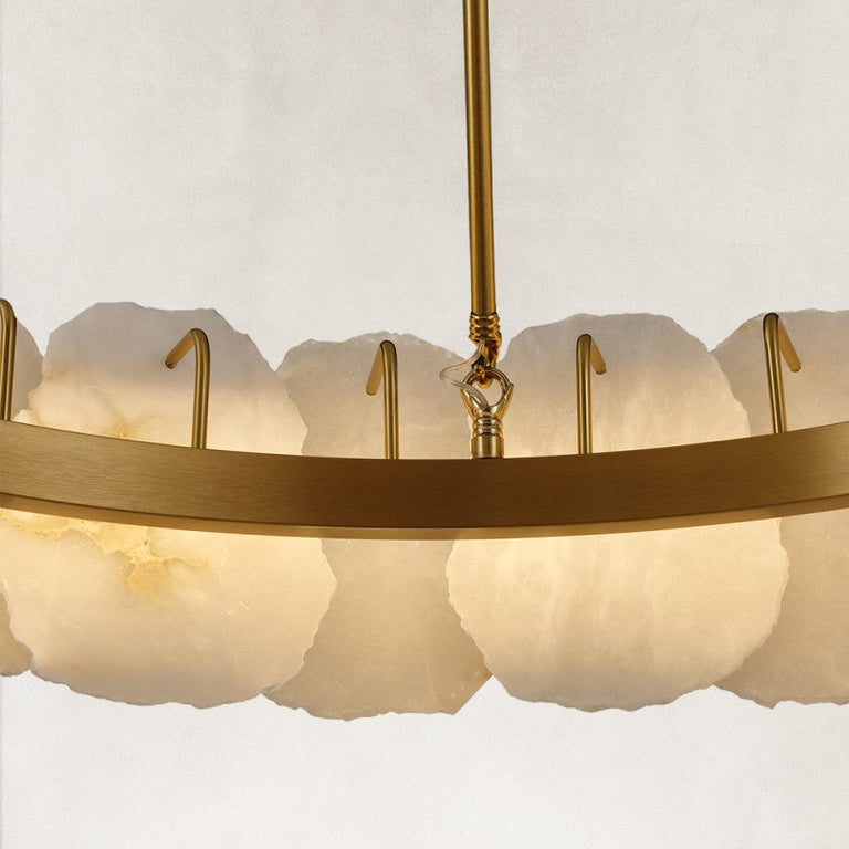 Illuminated gold-tone ring chandelier, inner band and central rod connection.