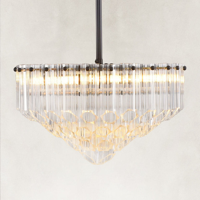 Radiant Tiered Tube Chandelier with Clear tubes, illuminated