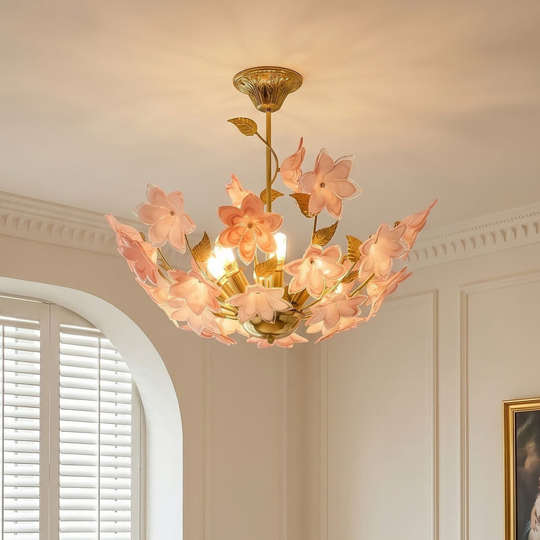 Dalmivik Rosalia gold and pink glass flower chandelier, alternate room view